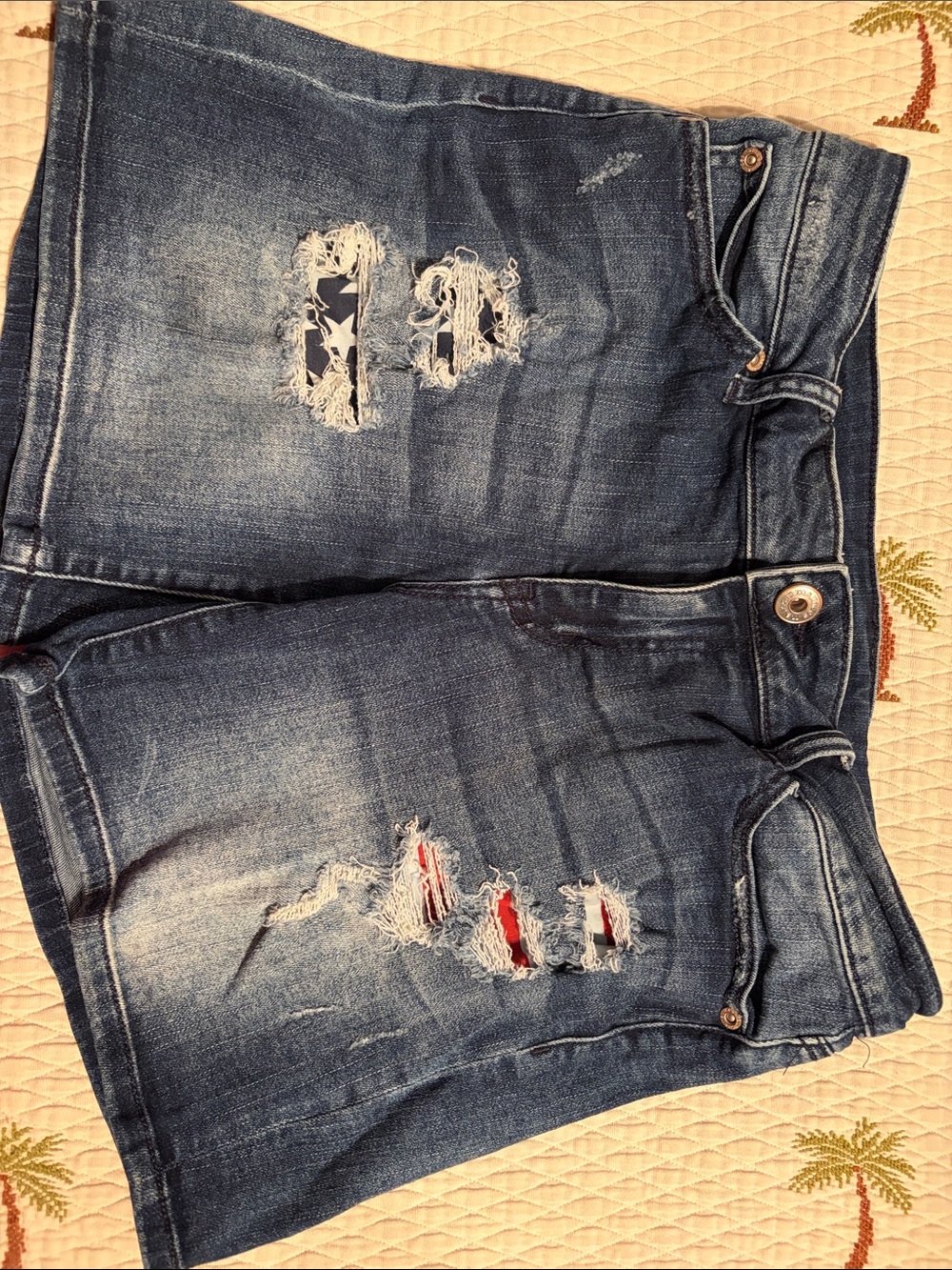 Maurices Distressed Dark Blue Denim Shorts with Red Accent